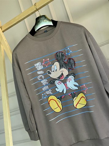 Taş İşlemeli Mickey Baskılı Tunik Sweat (Kahve)