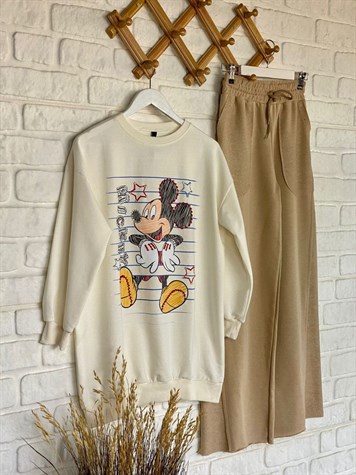 Taş İşlemeli Mickey Baskılı Tunik Sweat (Beyaz)
