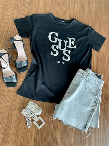 Taş İşlemeli Yazı Detaylı Tshirt (Siyah)