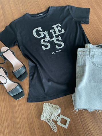 Taş İşlemeli Yazı Detaylı Tshirt (Siyah)