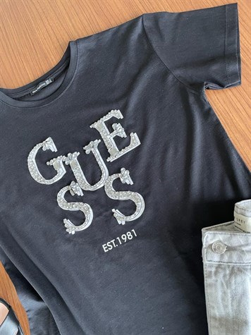 Taş İşlemeli Yazı Detaylı Tshirt (Siyah)