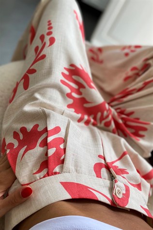Taş Rengi Düğme Detaylı Nar Çiçeği Boyama Desen Palazzo Norre Pantolon