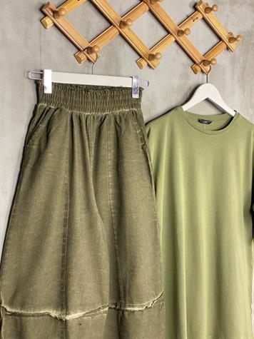 Taş Yıkama Yumuşak Gabardin Kumaş Şalvar Pantolon (Yeşil Melanj)