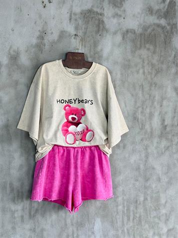 Taş Yıkamalı Ayıcık Baskılı Oversize Dokuma Tişört (Bej)