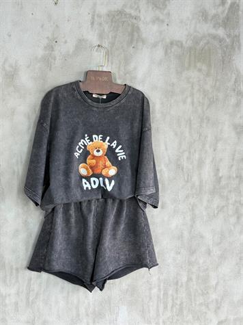 Taş Yıkamalı Ayıcık Baskılı Oversize Dokuma Tişört (Antrasit)