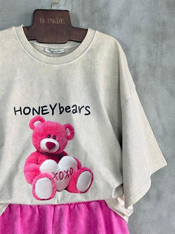 Taş Yıkamalı Ayıcık Baskılı Oversize Dokuma Tişört (Bej)