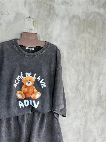Taş Yıkamalı Ayıcık Baskılı Oversize Dokuma Tişört (Antrasit)