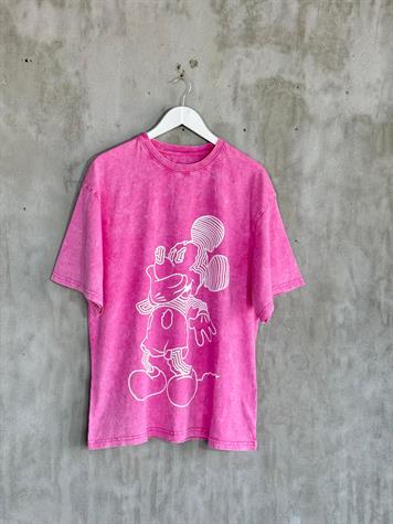 Taş Yıkamalı Beyaz Mickey Baskılı Oversize Dokuma Tişört (Pembe)