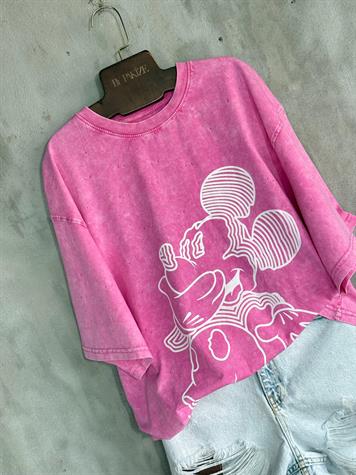 Taş Yıkamalı Beyaz Mickey Baskılı Oversize Dokuma Tişört (Pembe)