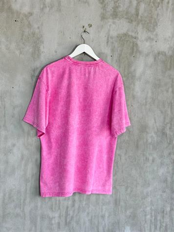 Taş Yıkamalı Beyaz Mickey Baskılı Oversize Dokuma Tişört (Pembe)