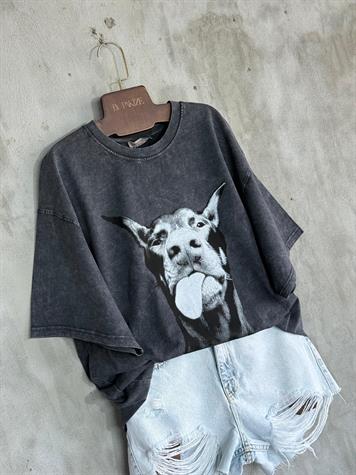 Taş Yıkamalı Köpek Baskılı Oversize Dokuma Tişört (Antrasit)