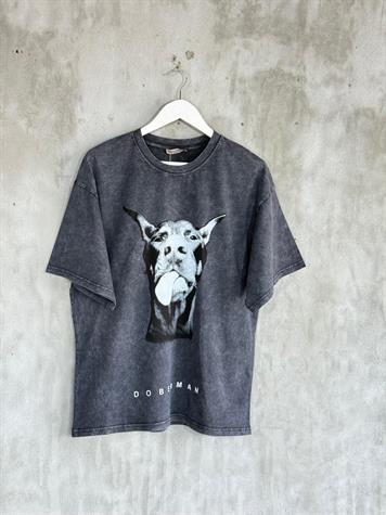 Taş Yıkamalı Köpek Baskılı Oversize Dokuma Tişört (Antrasit)