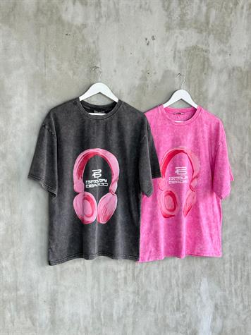 Taş Yıkamalı Kulaklık Baskılı Oversize Dokuma Tişört (Antrasit)
