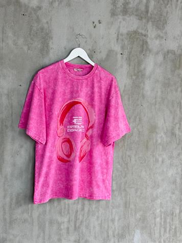Taş Yıkamalı Kulaklık Baskılı Oversize Dokuma Tişört (Pembe)