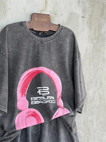 Taş Yıkamalı Kulaklık Baskılı Oversize Dokuma Tişört (Antrasit)