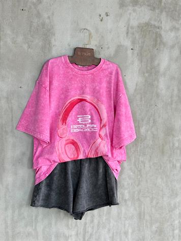 Taş Yıkamalı Kulaklık Baskılı Oversize Dokuma Tişört (Pembe)