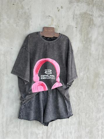 Taş Yıkamalı Kulaklık Baskılı Oversize Dokuma Tişört (Antrasit)