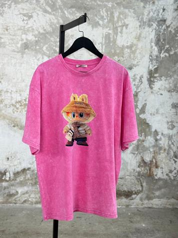 Taş Yıkamalı Labubu Baskılı Oversize Dokuma Tişört (Pembe)