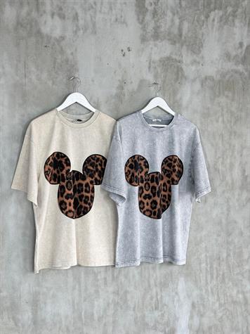 Taş Yıkamalı Mickey Leopar Baskılı Oversize Dokuma Tişört (Bej)