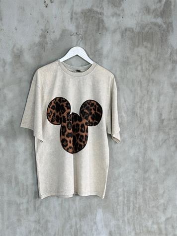 Taş Yıkamalı Mickey Leopar Baskılı Oversize Dokuma Tişört (Bej)