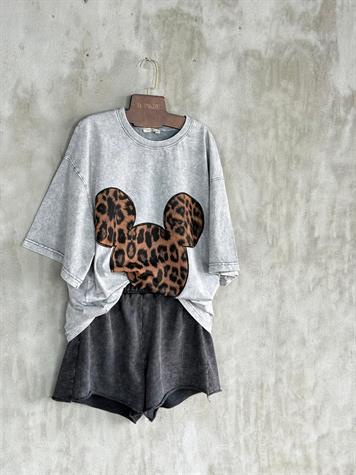 Taş Yıkamalı Mickey Leopar Baskılı Oversize Dokuma Tişört (Gri)