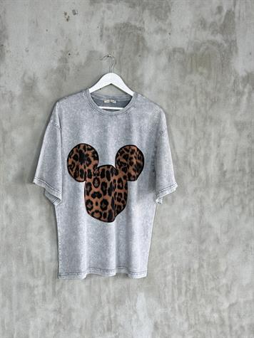 Taş Yıkamalı Mickey Leopar Baskılı Oversize Dokuma Tişört (Gri)