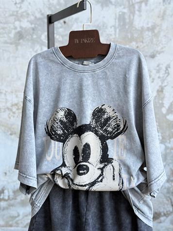 Taş Yıkamalı Oversize Dokuma Tişört (Gri)