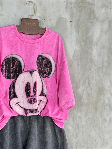 Taş Yıkamalı Oversize Dokuma Tişört (Pembe)