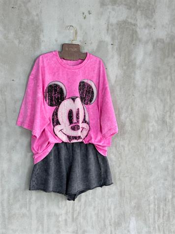 Taş Yıkamalı Oversize Dokuma Tişört (Pembe)