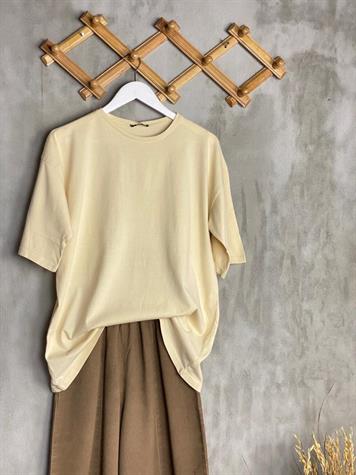Taş Yıkamalı Oversize Kesim Tişört (Bej Melanj)