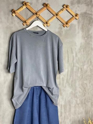 Taş Yıkamalı Oversize Kesim Tişört (Gri Melanj)