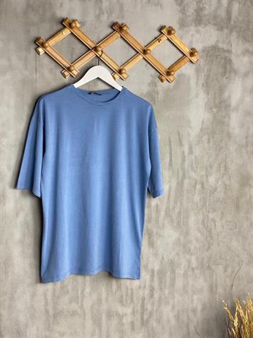 Taş Yıkamalı Oversize Kesim Tişört (Mavi Melanj)