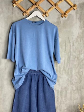 Taş Yıkamalı Oversize Kesim Tişört (Mavi Melanj)