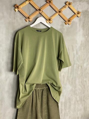 Taş Yıkamalı Oversize Kesim Tişört (Yeşil Melanj)