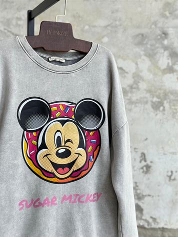 Taş Yıkamalı Oversize Mickey Baskılı Dokuma Sweat  (Gri)