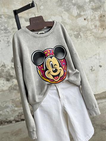 Taş Yıkamalı Oversize Mickey Baskılı Dokuma Sweat  (Gri)