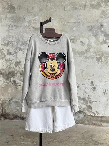 Taş Yıkamalı Oversize Mickey Baskılı Dokuma Sweat  (Gri)