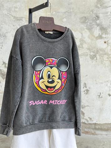 Taş Yıkamalı Oversize Mickey Baskılı Dokuma Sweat (Antrasit)