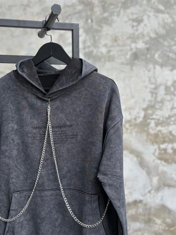 Taş Yıkamalı Şerit Zincir İşçilikli Yazı Baskılı Sweat (Antrasit)