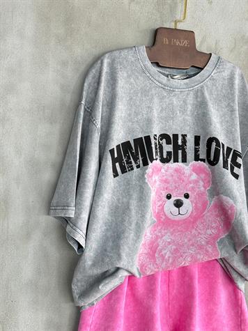 Taş Yıkamalı Teddy Baskılı Oversize Dokuma Tişört (Gri)
