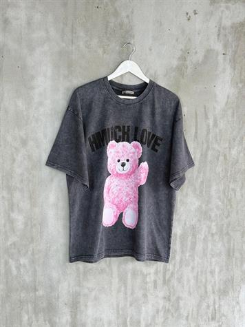 Taş Yıkamalı Teddy Baskılı Oversize Dokuma Tişört (Antrasit)