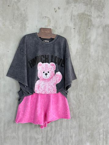 Taş Yıkamalı Teddy Baskılı Oversize Dokuma Tişört (Antrasit)