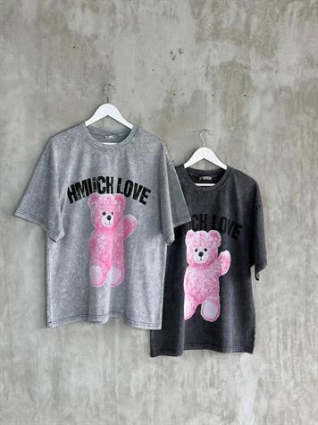 Taş Yıkamalı Teddy Baskılı Oversize Dokuma Tişört (Gri)