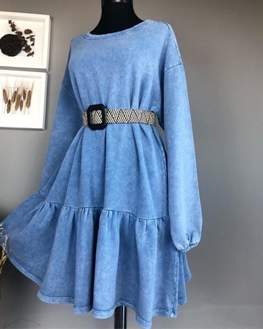 Taş Yıkamalı Üçiplik Sweat Kumaş Elbise