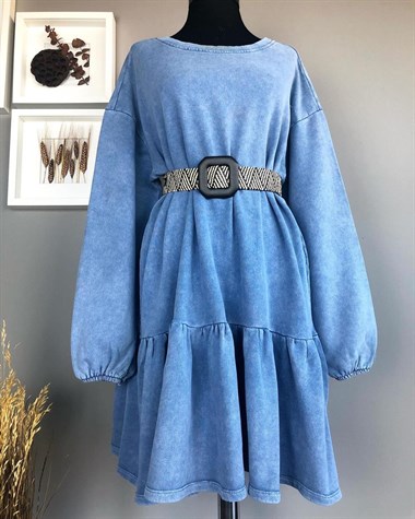 Taş Yıkamalı Üçiplik Sweat Kumaş Elbise