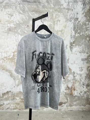 Taş Yıkamalı Yazılı Mickey Baskılı Oversize Dokuma Tişört (Gri)