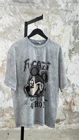 Taş Yıkamalı Yazılı Mickey Baskılı Oversize Dokuma Tişört (Gri)