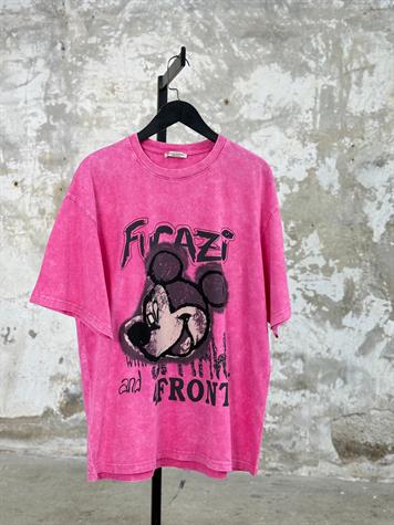 Taş Yıkamalı Yazılı Mickey Baskılı Oversize Dokuma Tişört (Pembe)