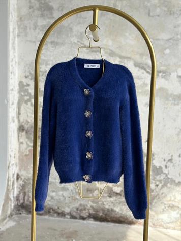 Tasarım Çiçek Düğmeli Angora Hırka (Lacivert)