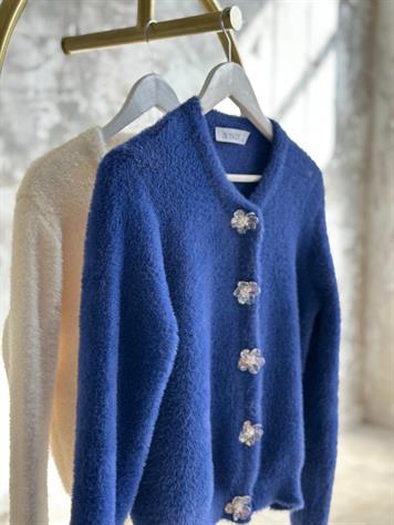 Tasarım Çiçek Düğmeli Angora Hırka (Lacivert)